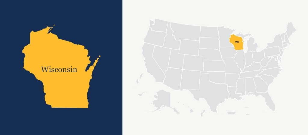 A graphic of a blue U.S. map with Wisconsin highlighted in yellow.