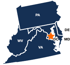 A U.S. map image of the Mid-Atlantic region, with a star in Washington, D.C., pointing out the location of CRS headquarters.
