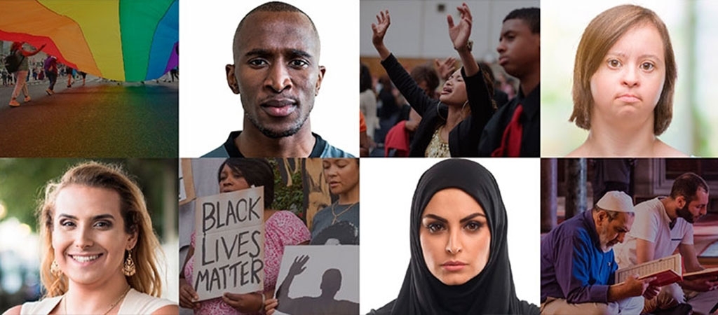 A collage image showing a group of protesters carrying a rainbow flag; a Black man; a black woman holding her hands up in a state of grief; a person with a disability; a transgender individual; a woman holding a Black Lives Matter sign; a Muslim woman; and two men reading a religious text.