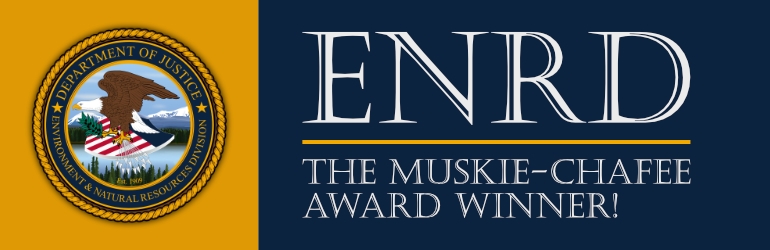A graphic displaying the letters Winner The Muskie-Chafee Award with ENRD's seal at bottom right, Graphic by Kadeem Scott, ENRD
