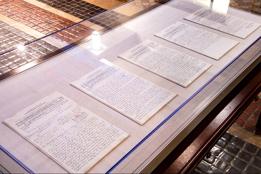 Correspondence papers from the 1963 Gideon vs. Wainwright case are shown on display in the Great Hall at the Department of Justice in Washington, D.C.