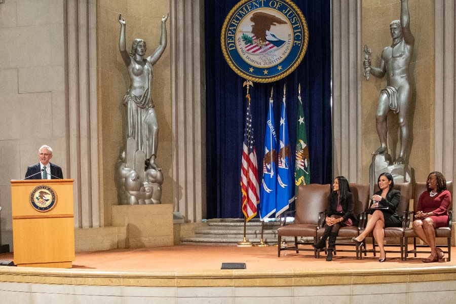 Attorney General Merrick B. Garland delivers remarks in the Great Hall at the Justice Department in Washington, D.C.