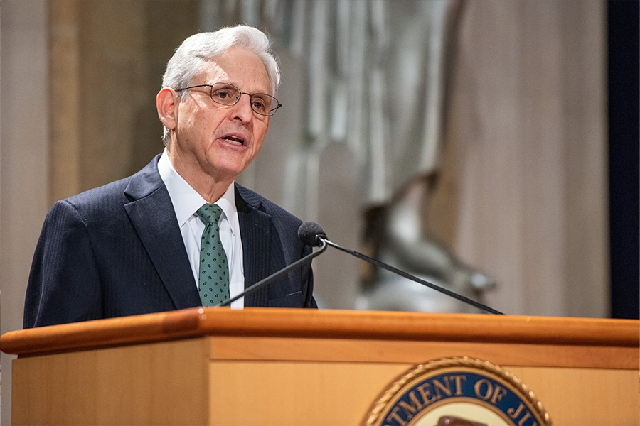 Attorney General Merrick B. Garland delivers remarks in the Great Hall at the Justice Department in Washington, D.C.