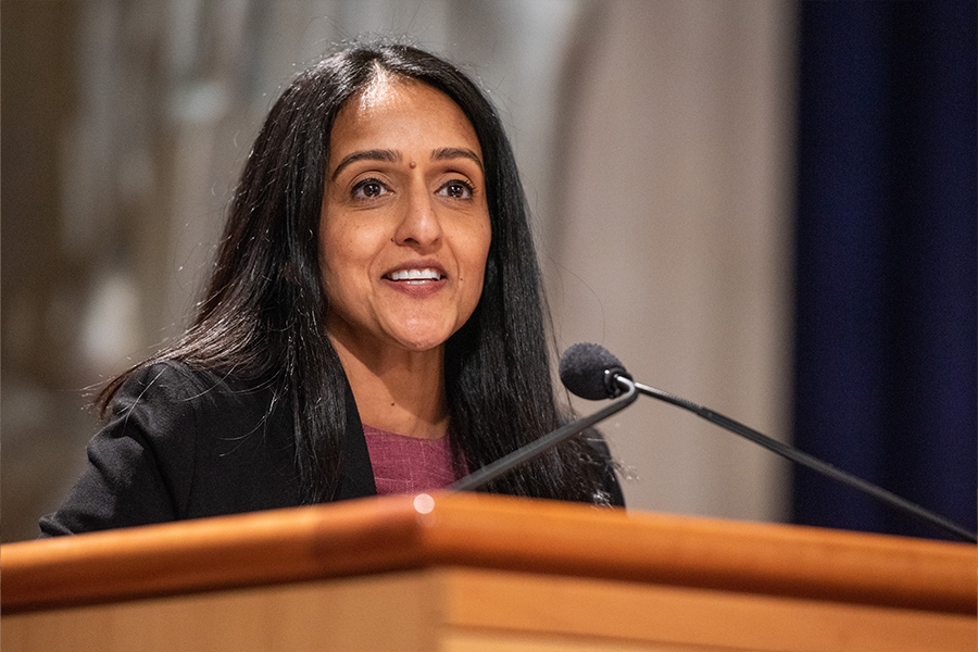 Associate Attorney General Vanita Gupta delivers remarks in the Great Hall at the Justice Department in Washington, D.C.