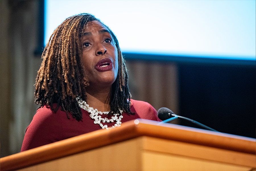 Federal Public Defender for the Western District of Virginia Juval Scott delivers remarks in the Great Hall at the Justice Department in Washington, D.C.