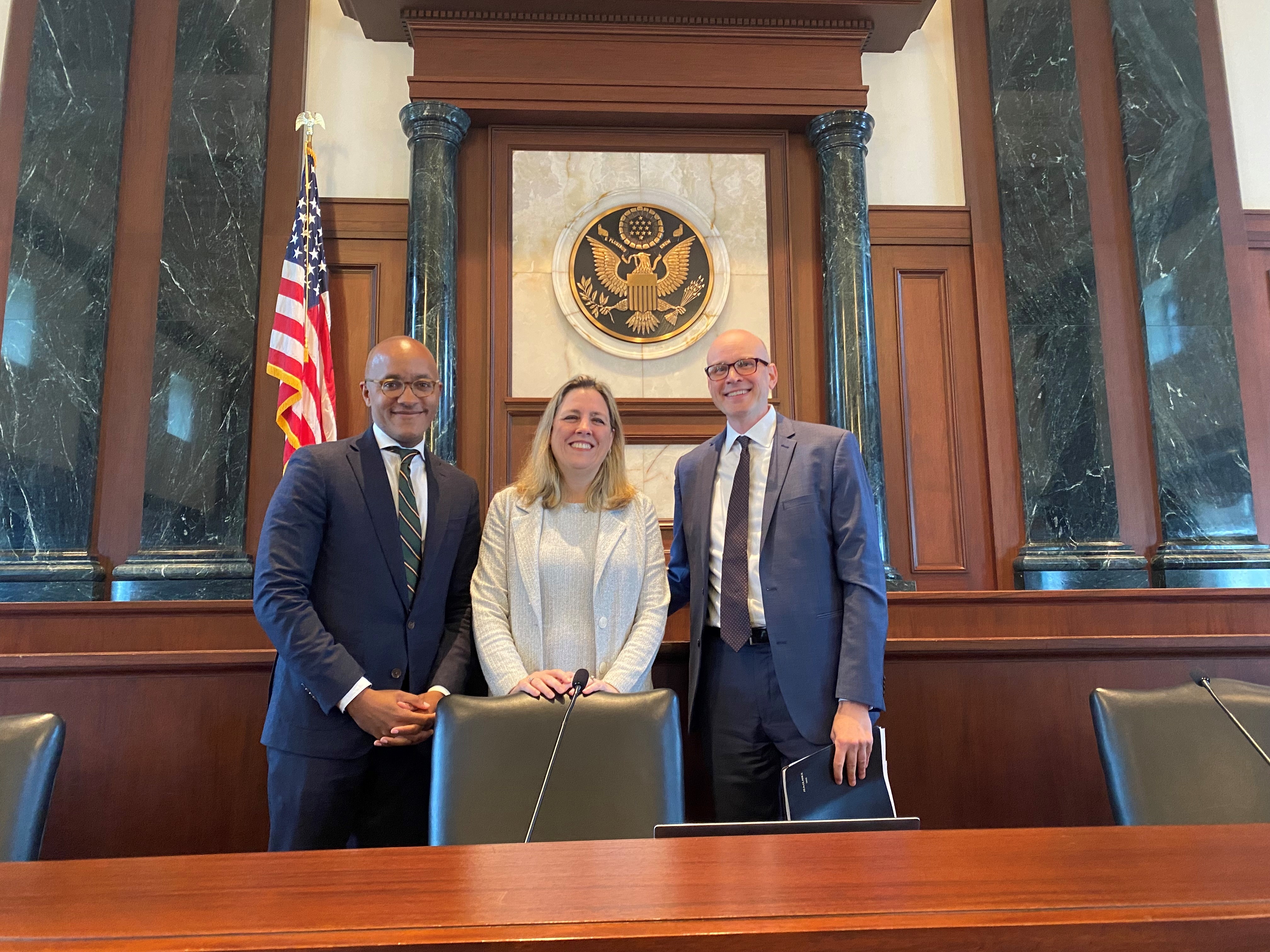 Photo of panelists U.S. Attorney Damian Williams, Executive Director and Attorney-in-Chief of Federal Defenders of New York David Patton, and Judge Jennifer Rochon