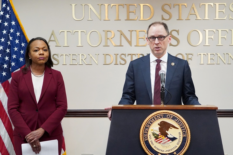 U.S. Attorney Kevin Ritz for the Western District of Tennessee delivers remarks from a podium at the U.S. Attorney’s Office for the Western District of Tennessee.