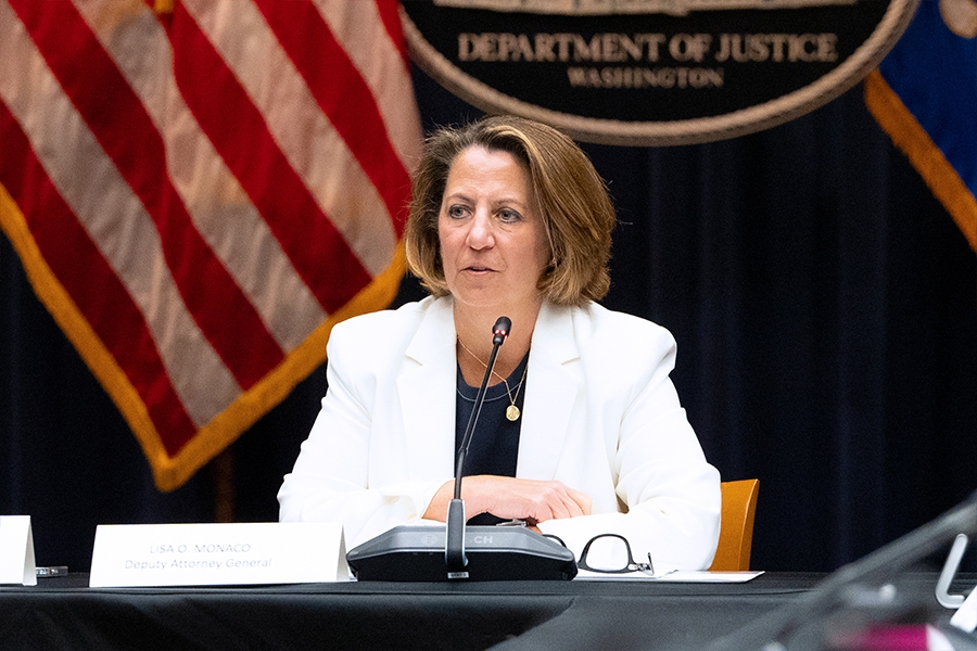 Deputy Attorney General Lisa O. Monaco leads with opening remarks at a roundtable meeting of senior Justice Department officials in the Department of Justice in Washington, D.C.