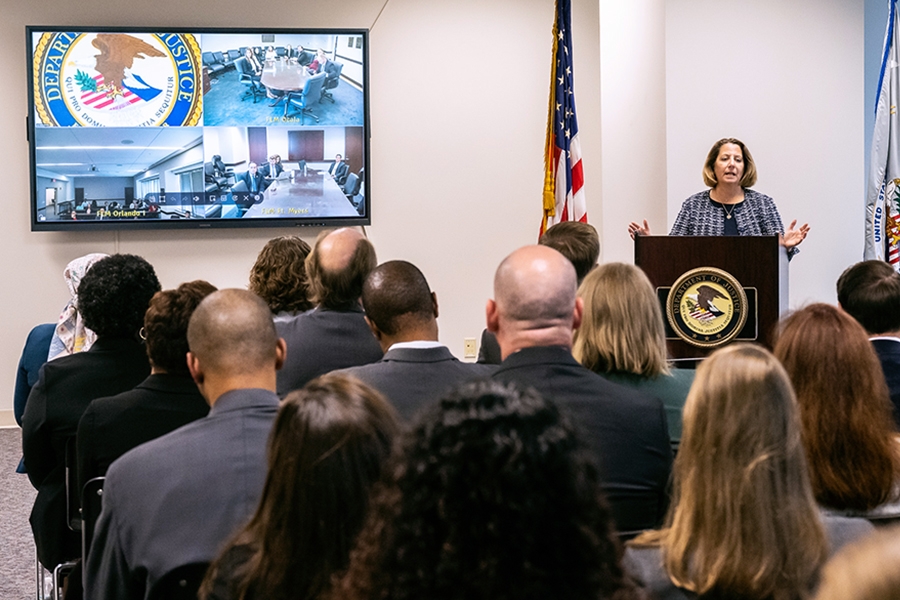 An audience composed of the leadership team at the U.S. Attorney’s Office for the Middle District of Florida listens to guest speaker Deputy Attorney General Lisa O. Monaco.