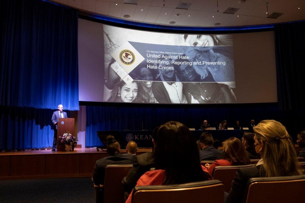 U.S. Attorney Sellinger spoke with citizens at a public event United Against Hate at Kean University in Union.
