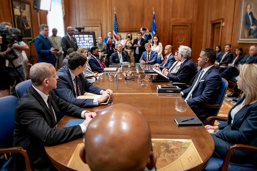Department of Justice leadership and U.S. Attorneys convene for a discussion of violent crime reduction strategies in the Attorney General’s Conference Room at the Department of Justice.