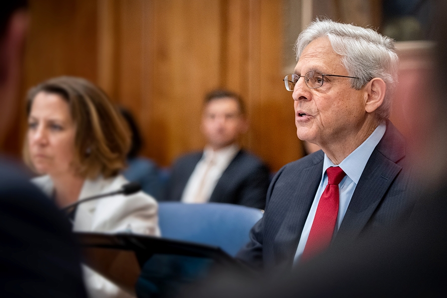 Attorney General Merrick B. Garland delivers remarks from the Attorney General’s conference room at the Department of Justice.