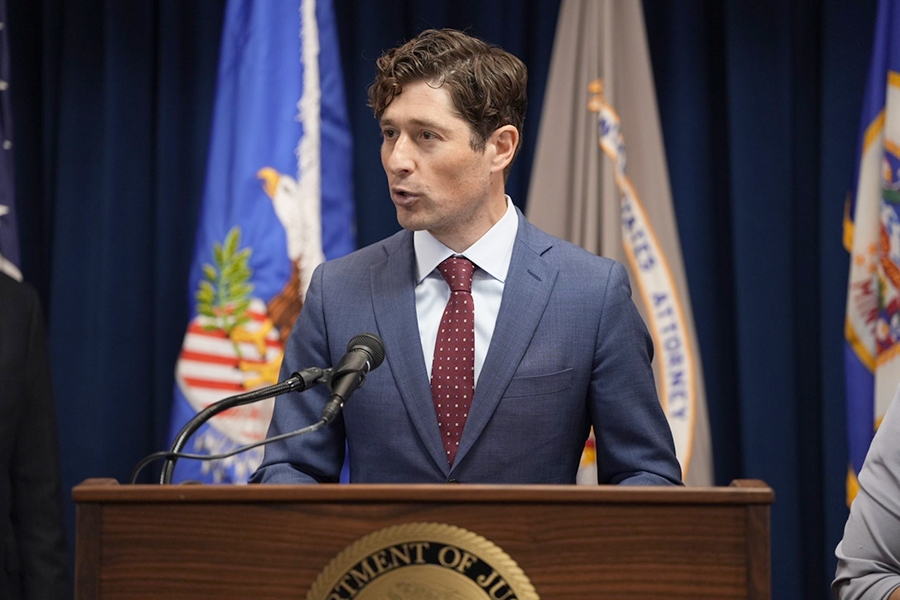 Mayor of Minneapolis Jacob Frey delivers remarks from a podium at the U.S. Attorney’s Office for the District of Minnesota.