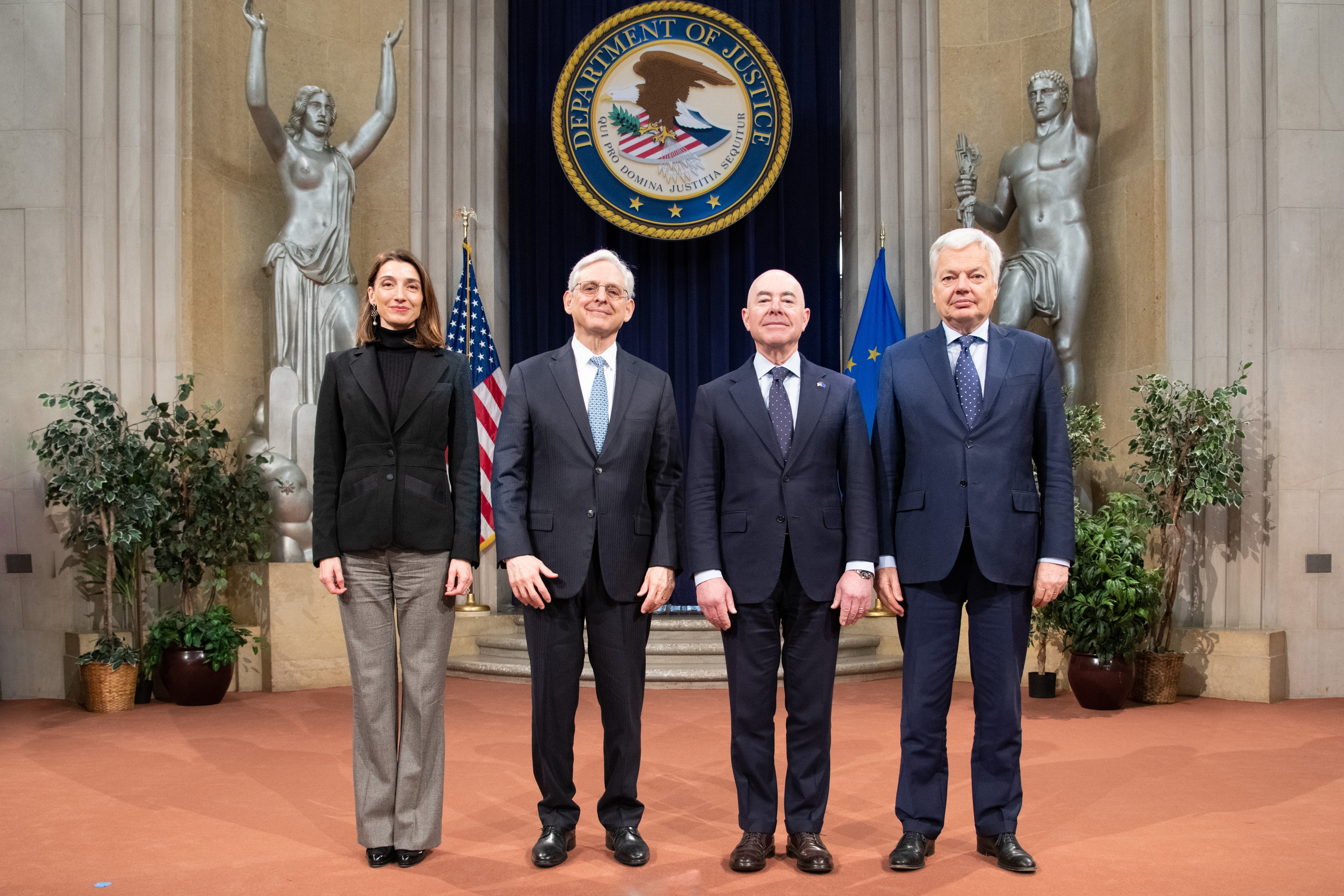 Attorney General Garland, with Spanish Minister Llop (left), Secretary Mayorkas (center right), and Commissioner Reynders (right)