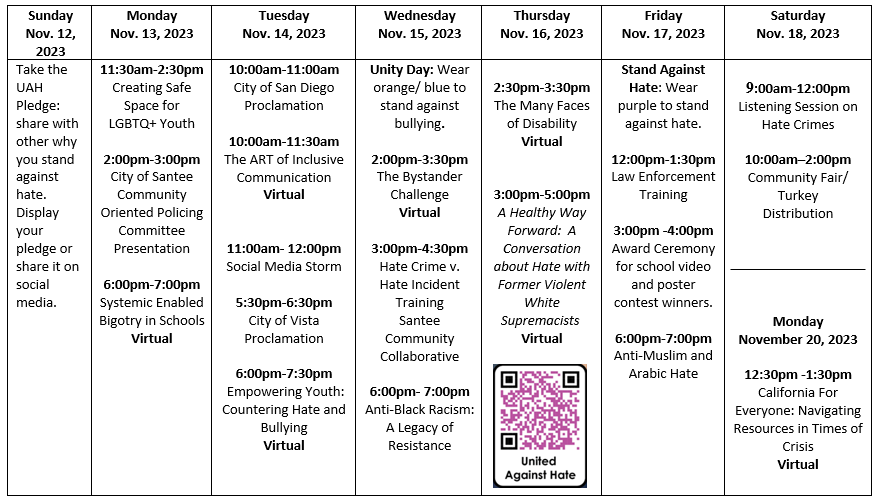 Calendar of events for United Against Hate Week Nov. 12-18