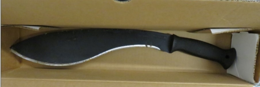 A picture displaying a machete with a black handle and curved blade.