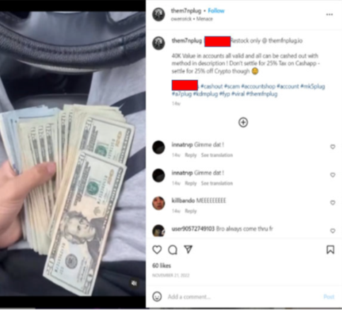 Photo from Stokes’s Instagram advertising the availability of victim accounts for purchase