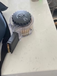 Photo of a 50-roud drum magazine