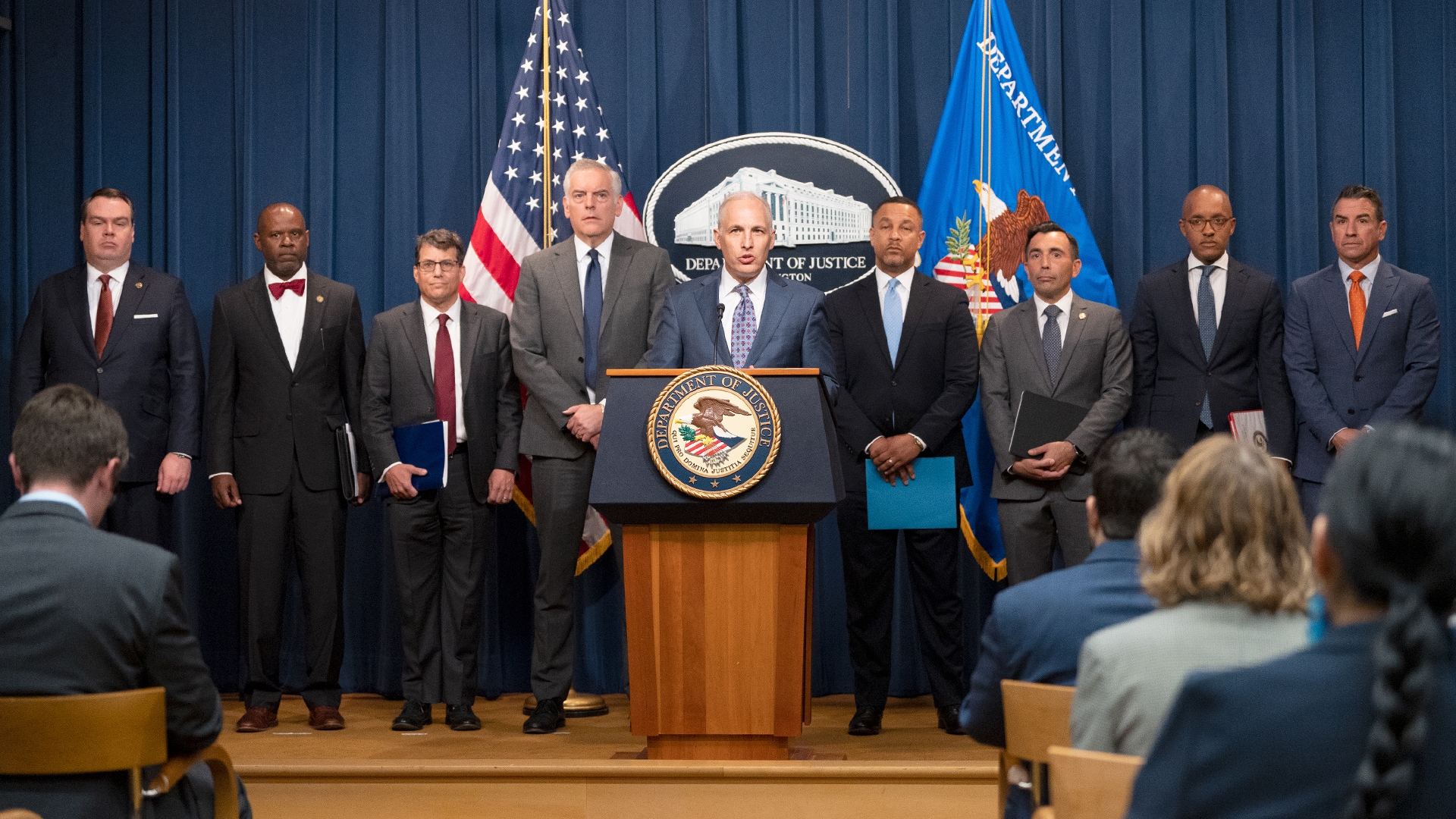 In May 2023, Assistant Attorney General Matthew G. Olsen announced the first five cases following the establishment of the Disruptive Technology Strike Force. Joining him are Assistant Secretary for Export Enforcement Matthew Axelrod of the Commerce Department, five U.S. Attorneys, and representatives from FBI and Homeland Security Investigations.