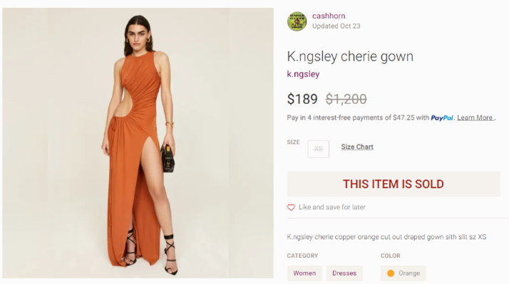 Image of the defendant’s listing for a stolen designer dress on an e-commerce marketplace
