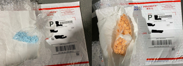 Photos of two mail packages and their contents, which appear to be counterfeit oxycodone and counterfeit Adderall