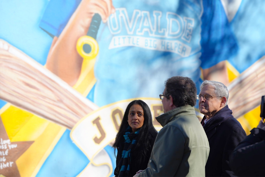 Associate Attorney General Vanita Gupta and Attorney General Merrick B. Garland visited the “Healing Uvalde Mural Project”. The mural shows a baseball player wearing a sky blue shirt that says “UVALDE - Little Big Helper”.