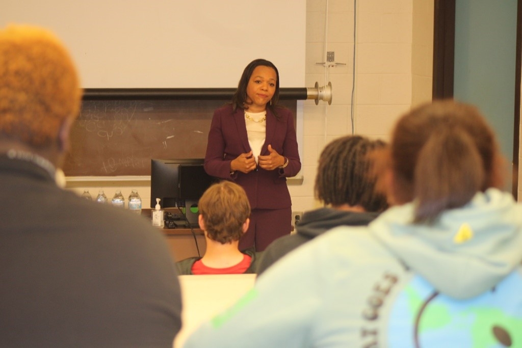 Assistant Attorney General Clarke speaks to students at South Dorchester High School. 
