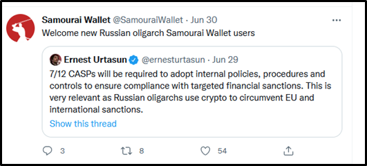 Image of a tweet from Samourai’s account “Welcome new Russian oligarch Samourai Wallet users”