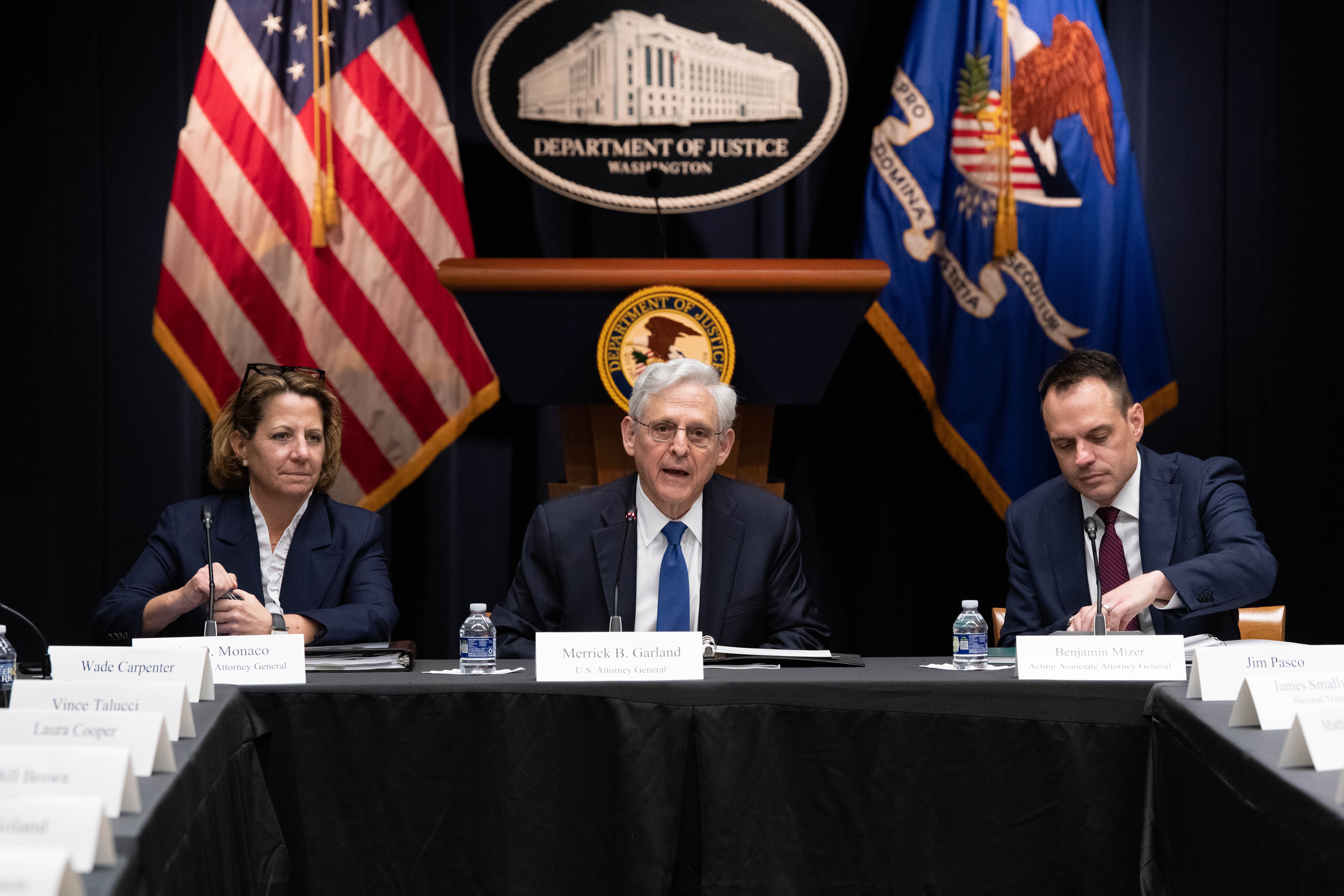 Attorney General Garland, Deputy Attorney General Monaco, and Acting Associate Attorney General Mizer at the law enforcement quarterly meeting.
