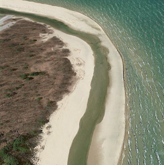 Image showing the natural flow of the Plate River in May of 2022 running parallel to Lake Michigan.
