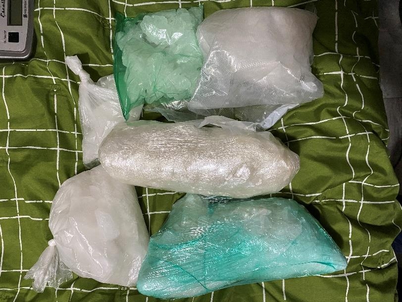 Bags of seized methamphetamine, cocaine, and fentanyl