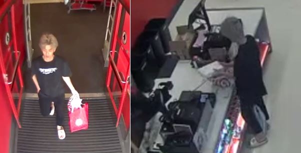picture of a man on a security camera walking into a store and the man doing business at a counter 