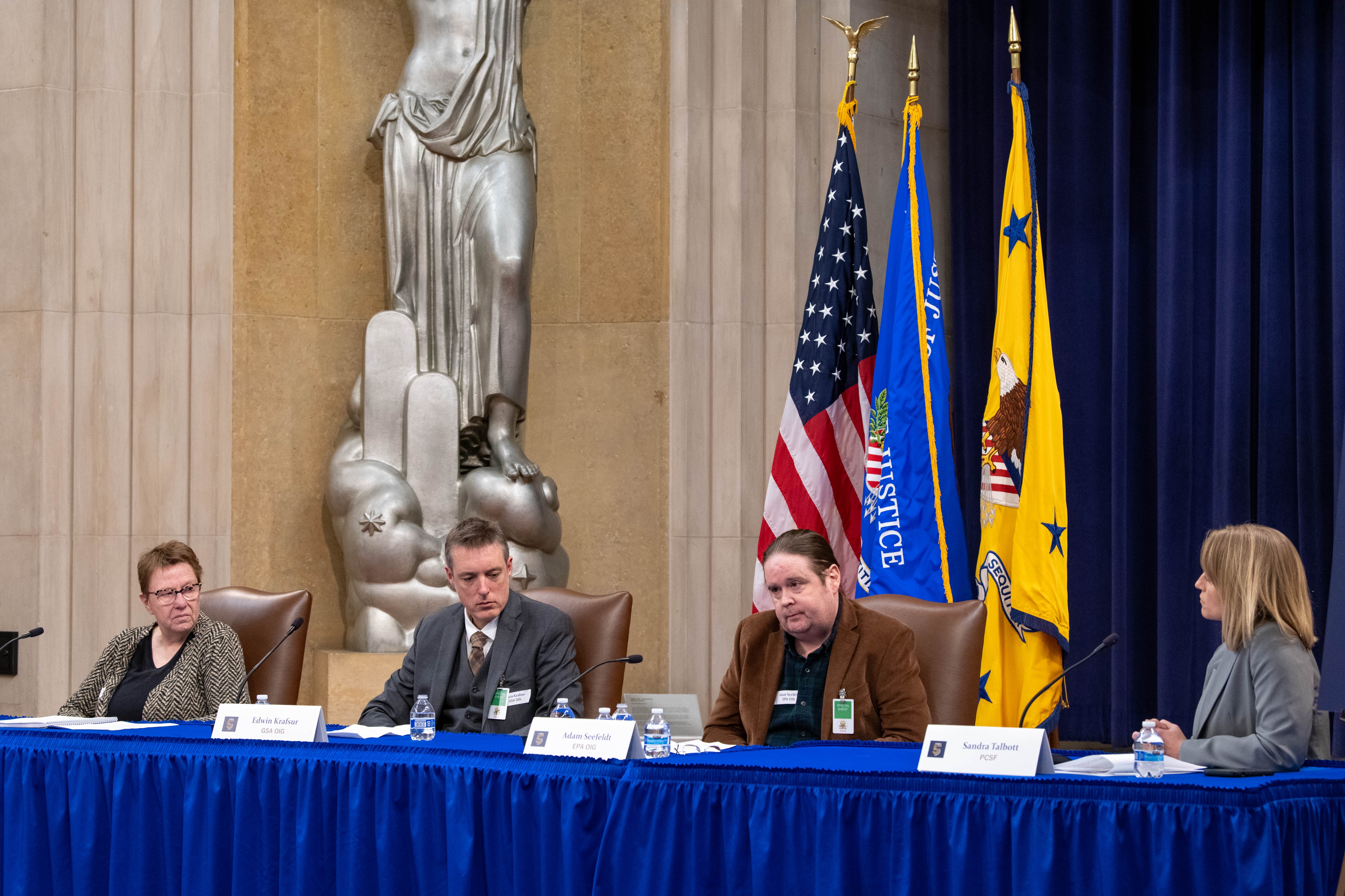 Representatives from the Department of Transportation OIG, General Services Administration OIG, and Environmental Protection Agency OIG, discuss data, analytics, and collaboration during the Justice Department’s PCSF Fifth Anniversary