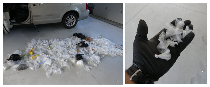 Bags of drugs found in the abandoned car. Hand with black glove holding bags of drugs.