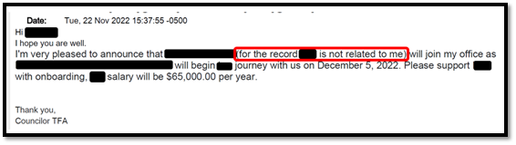 email from boston city councilor to city employee saying she hired Staff Member A
