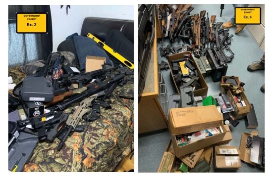 Photo 1: Pile of guns on a camo blanket Photo 2: Pile of guns on the floor