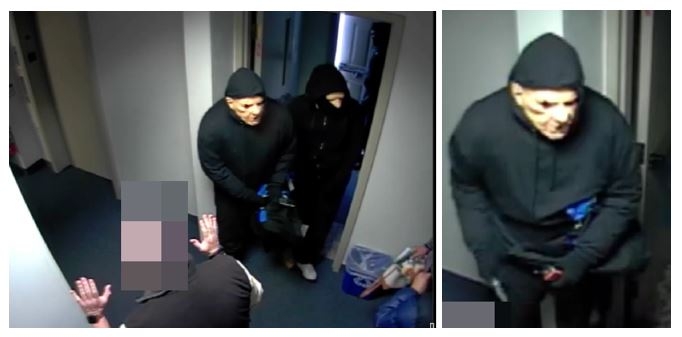 Photo of two men dressed in all black and black hats, wearing masks and a photo closeup of man in all black with black hat and mask