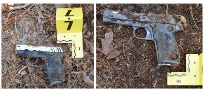 Photo of black and silver gun on the ground with marker 7 and a photo of a black gun on the groundp