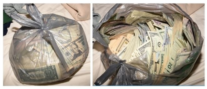 photo of a closed shopping bag full of money and photo of an open shopping bag full of money