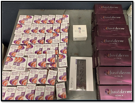 From between in or about April 2023 and in or about January 2024, U.S. Customs and Border Patrol (“CBP”) seized parcels intended for JGL Aesthetics, including one which lists a return address in Hong Kong.  These parcels contained significant quantities of counterfeit drugs, including Counterfeit Botox.  This is a photo of the contents of the parcel—including the exterior of cartons of Counterfeit Botox.