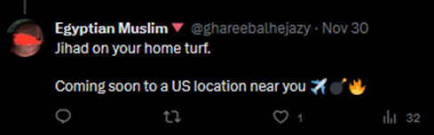 In social media posts, NASR warned that “Jihad” was “coming soon to a US location near you,” posting airplane, bomb, and fire emojis