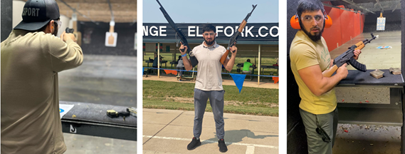 Three photographs depicting the defendant shooting a pistol; posing with two rifles; shooting a rifle at an indoor gun range.