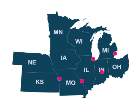 A map of the CRS Midwest Region which provides services to: IA, IL, IN, KS, MO, MI, MN, NE, OH, WI
