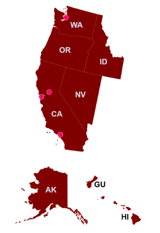 A map of the CRS West Region which provides services to the following states: AK, CA, GU, HI, ID, NV, OR, WA