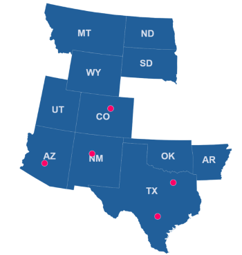 A map of the CRS Mountain Central Region which provides services to: AR, AZ, CO, MT, ND, NM, OK, SD, TX, UT, WY