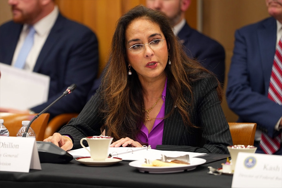 Assistant Attorney General Harmeet K. Dhillon of the Civil Rights Division delivers remarks at the Department of Justice. She is joined by Department of Justice and federal government officials.