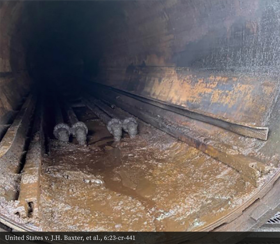 Photo depicting the inside of a J.H. Baxter retort after weeks of boiling hazardous waste