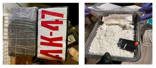 Two packages, one saying AK-14 and a container filled with a white powder substance