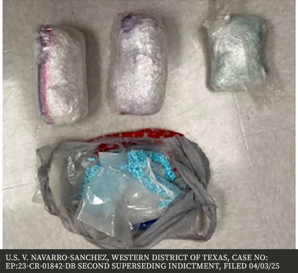 Three packages of illegal substances and one grocery bag filled with blue pills