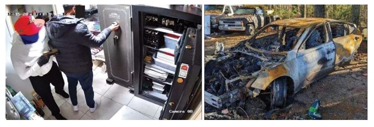Defendants forced store owner to open a safe and burned a rented Nissan Altima